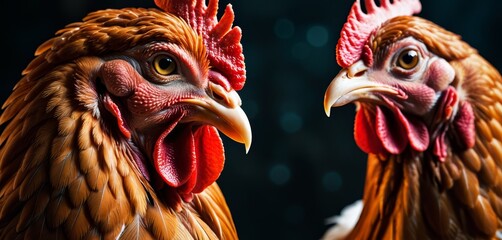   Two chickens perched together against a dark backdrop, surrounded by darkness - obrazy, fototapety, plakaty