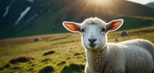   A clear shot of a sheep grazing in a lush green field against a majestic mountain backdrop, bathed in golden sunlight - obrazy, fototapety, plakaty