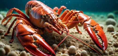   A clear photo of a lobster resting on sand with a fish swimming nearby - obrazy, fototapety, plakaty