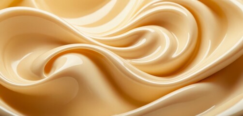 Obraz premium A close-up shot of a creamy swirl in a bowl of yogurt, featuring a spoon in the foreground