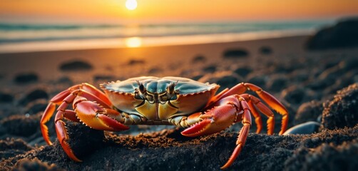   A beach crab with the sun and water in the background - obrazy, fototapety, plakaty