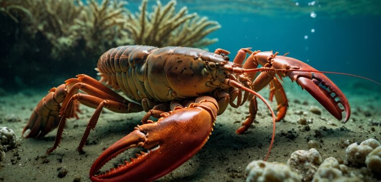   Close-up image of a lobster resting on sandy shore surrounded by seaweed and coral on a bright sunny day