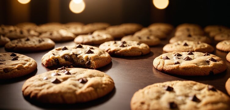   A close-up of chocolate chip cookies on a baking sheet with lights in the background of the image