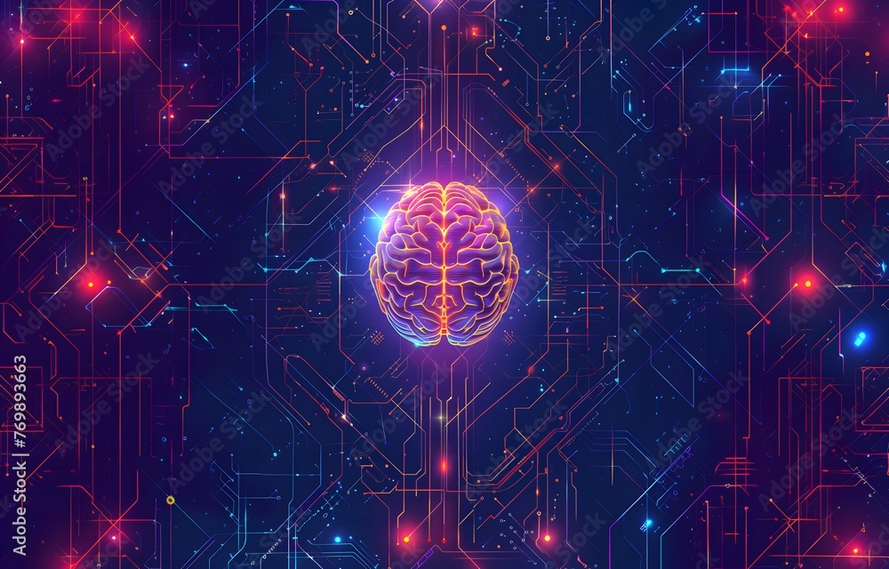 Poster a brain is shown in a colorful abstract style with a lot of lines and shapes. the brain is surrounde