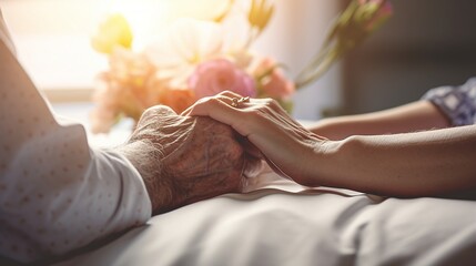 Close view of patient and spouse hands intertwined, bedside, soft lamp light, love and support - obrazy, fototapety, plakaty