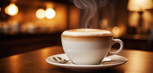  A steaming cup of coffee resting on a saucer