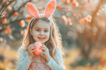 Smiling girl with bunny ears holds an Easter egg. ai generative