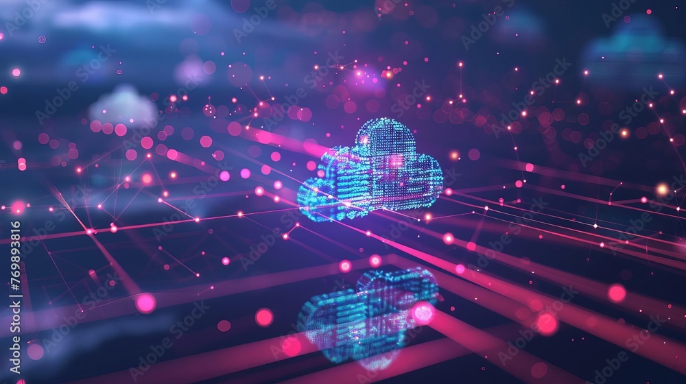 Poster abstract cloud computing network with floating data nodes, futuristic technology background
