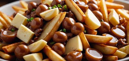   Close-up of a bowl of food featuring French fries and olives alongside, while cheese cubes rest on the side