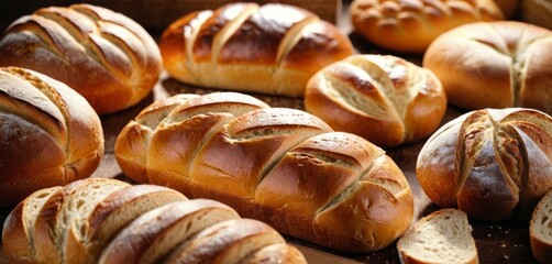   Bread loaves on a wooden table with other bread loaves nearby