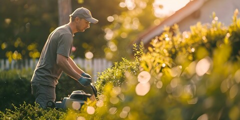 Man using a lawnmower to trim hedges in his sunny backyard. Concept Gardening, Lawn Care, Yard Maintenance, Landscaping, Outdoor Tools