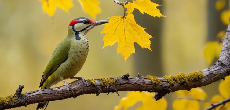   A bird perched on a tree branch with a yellow leaf in the foreground and a yellow maple leaf in the background