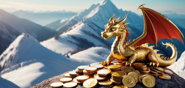 A golden dragon figurine perched atop a mountain of snow-covered peaks, surrounded by a hoard of shimmering coins