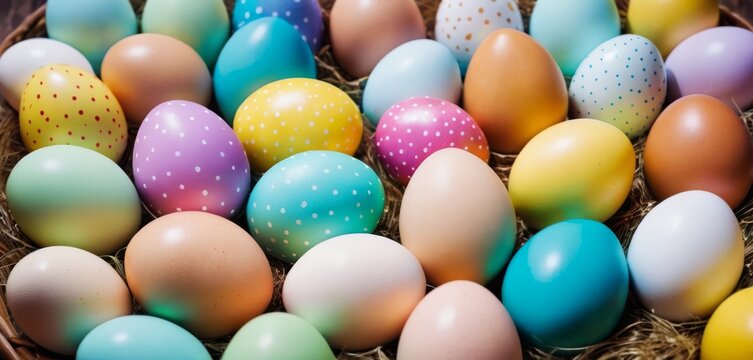   Basket filled with diverse colored eggs on hay bed with polkas dotted eggs