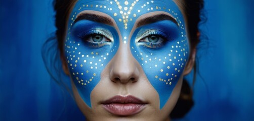   A woman's face adorned in blue and white paint featuring a starry design on the canvas of her visage, set against a backdrop of sapphire