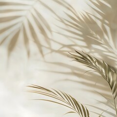 Minimalist and sophisticated summer spring background with a blurred shadow from palm leaves on a light cream wall, showcasing the serene and tranquil atmosphere of the season.
