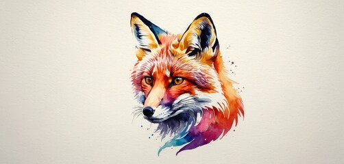   Watercolor portrait of a fox head on white wall with splattered watercolor paint