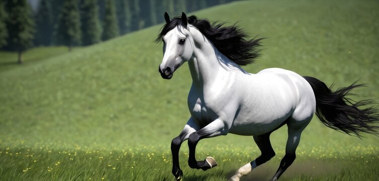   A white and black horse gallops through a field of lush green grass and vibrant yellow flowers against a backdrop of majestic trees