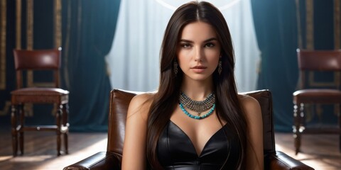 Fototapeta na wymiar A woman in a black dress is seated in a chair, adorned with a necklace and earrings