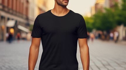 Young model shirt mockup, boy wearing black t-shirt on street in daylight. Shirt mockup template on hipster adult for design print. Male guy wearing casual t-shirt mockup placement - obrazy, fototapety, plakaty