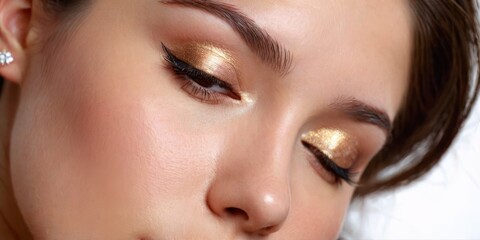  A photo zoomed in on a female's visage, featuring glistening gold eye makeup and a sparkling diamond accessory adorning her hand