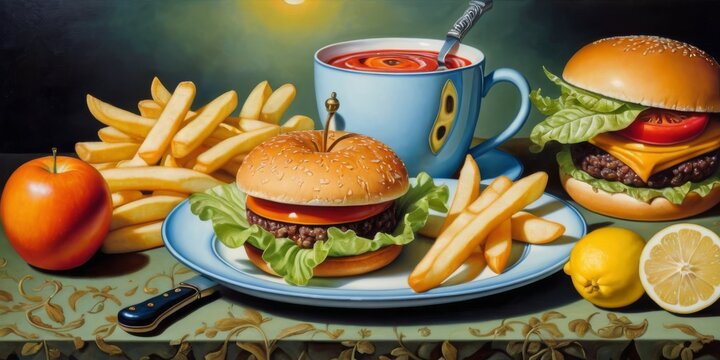   A painting of a burger, fries, soup on plate with cutlery