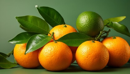   A cluster of oranges arranged atop one another, adorned by green foliage upon the summit of one