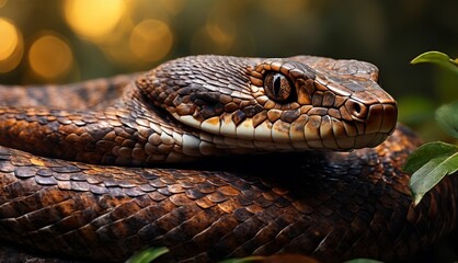 Obraz premium A detailed photo of a snake's face perched on a leafy branch against a lit backdrop