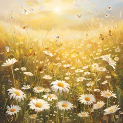 Foto op Aluminium Panoramic landscape of a sunlit field of daisies and chamomile flowers in a summer meadow, with butterflies. © Hasanul