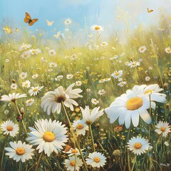 Panoramic landscape of a sunlit field of daisies and chamomile flowers in a summer meadow, with butterflies. © Hasanul