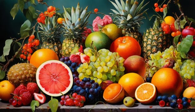   A painting featuring fruit like pineapples, grapefruits, oranges, grapes, and pineapples