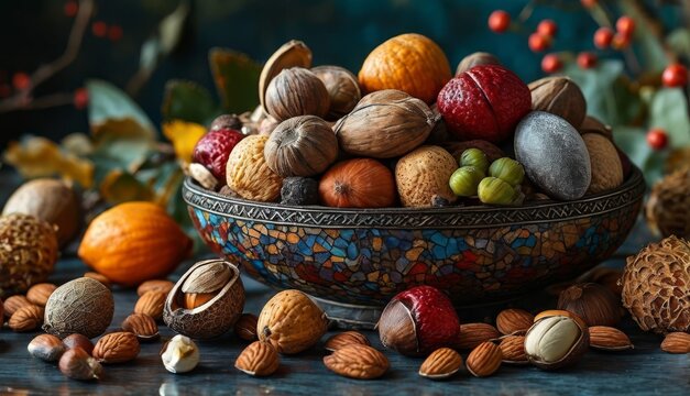   A bowl brimming with diverse nuts and shells rests on a table, nearby surrounded by greenery