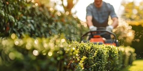 Man using a lawnmower to trim hedges in his backyard on a sunny day. Concept Gardening, Landscaping, Outdoor Activities, Sunlight, Home Improvement - obrazy, fototapety, plakaty
