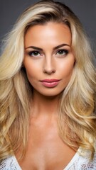 Naklejka premium A woman with long blonde hair poses for a photo in a white top, with her eyes closed and hair in a half-up style