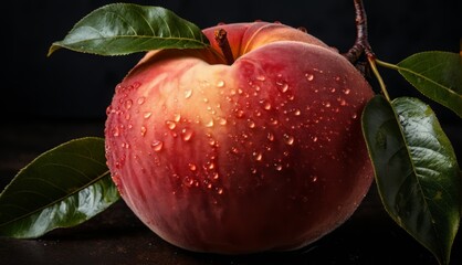   Red apple with water droplets and a green leaf in the background