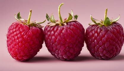   Three raspberries sit on a pink surface, dripping with water