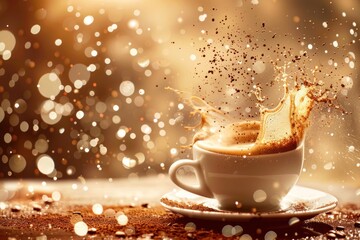 Aromatic coffee splashing in a Cappuccino cup. ai generative