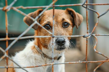 A sad dog in a cage at a shelter waiting for adoption. ai generative