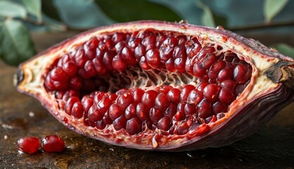   A detailed photo of a pomegranate on a table, surrounded by leaves and featuring one fruit prominently