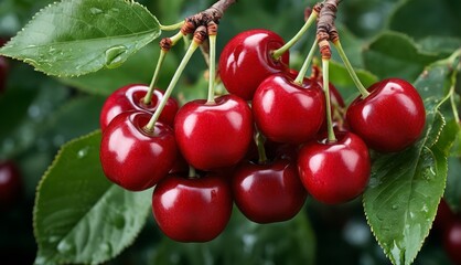   A cherry tree with lush green foliage and glistening water droplets adorning ripe cherries