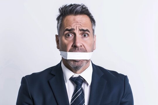 Businessman with his mouth taped on a white background with a scared expression on his face. ai generative