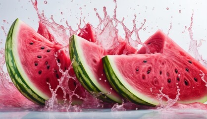   A group of watermelon slices tumbling into water with splashing droplets above