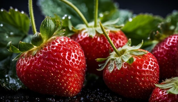   A clear photo of ripe red strawberries closely arranged on a dark background, with subtle water droplets glistening atop them