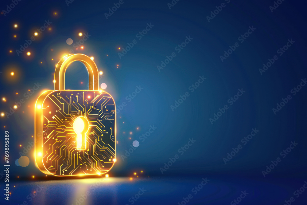 Poster glowing padlock with circuit board on blue background. ai generative