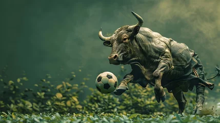 Fotobehang Surreal of a Bull Playing Soccer in a Lush Green Field with Studio Lighting and Low Angle © vanilnilnilla