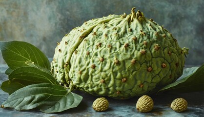   A luminous green fruit rests atop a table adjacent to an exquisite green foliage plant, surrounded by three diminutive verdant leaves - obrazy, fototapety, plakaty