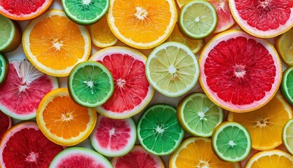   A close-up of various cut fruits - grapefruit, lime, orange, lemon, lime, and watermelon - obrazy, fototapety, plakaty