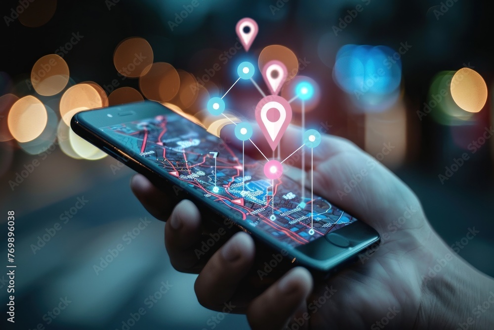 Poster hand holds smartphone with map icon. 3d map pins, gps, navigator pin checking points. ai generative