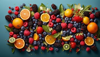   Oranges, raspberries, and kiwis are artfully arranged on a blue surface as a bountiful display of fresh fruit