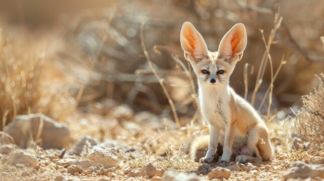 Elusive fennec fox blending into the desert terrain, with its large ears for heat regulation.